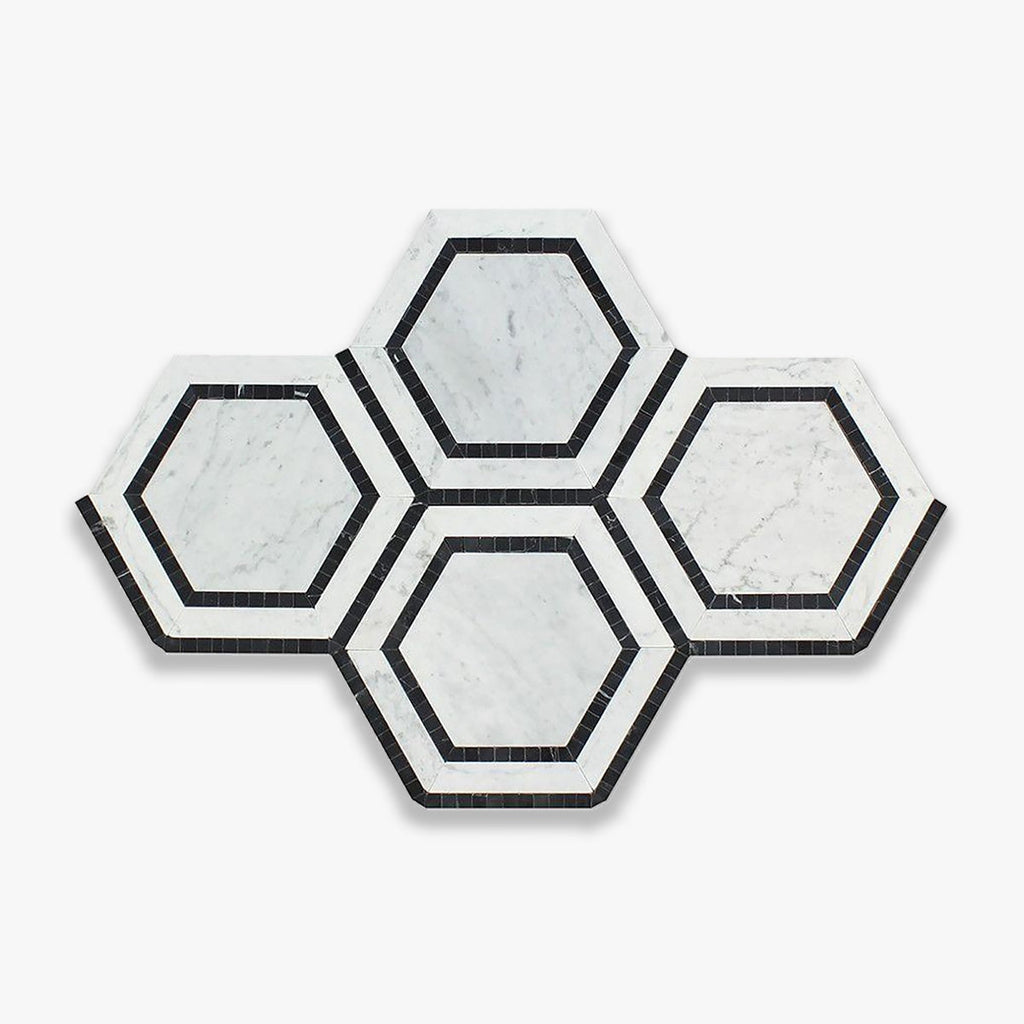 Calacatta Bellini Polished 5 INCH Hexagon Combo with Black Marble Mosaic