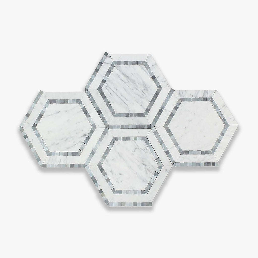 Calacatta Bellini Polished 5 INCH Hexagon Combo with Bardiglio Marble Mosaic