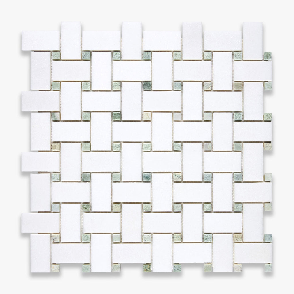 Thassos Honed 1x2 Basketweave Ming Green Dot Marble Mosaic