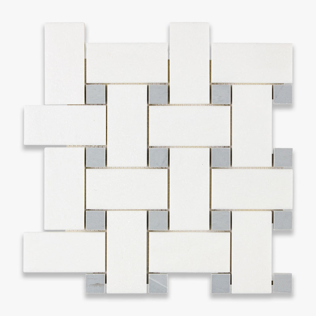 Thassos Polished 2x4 Basketweave Bardiglio Dot Marble Mosaic