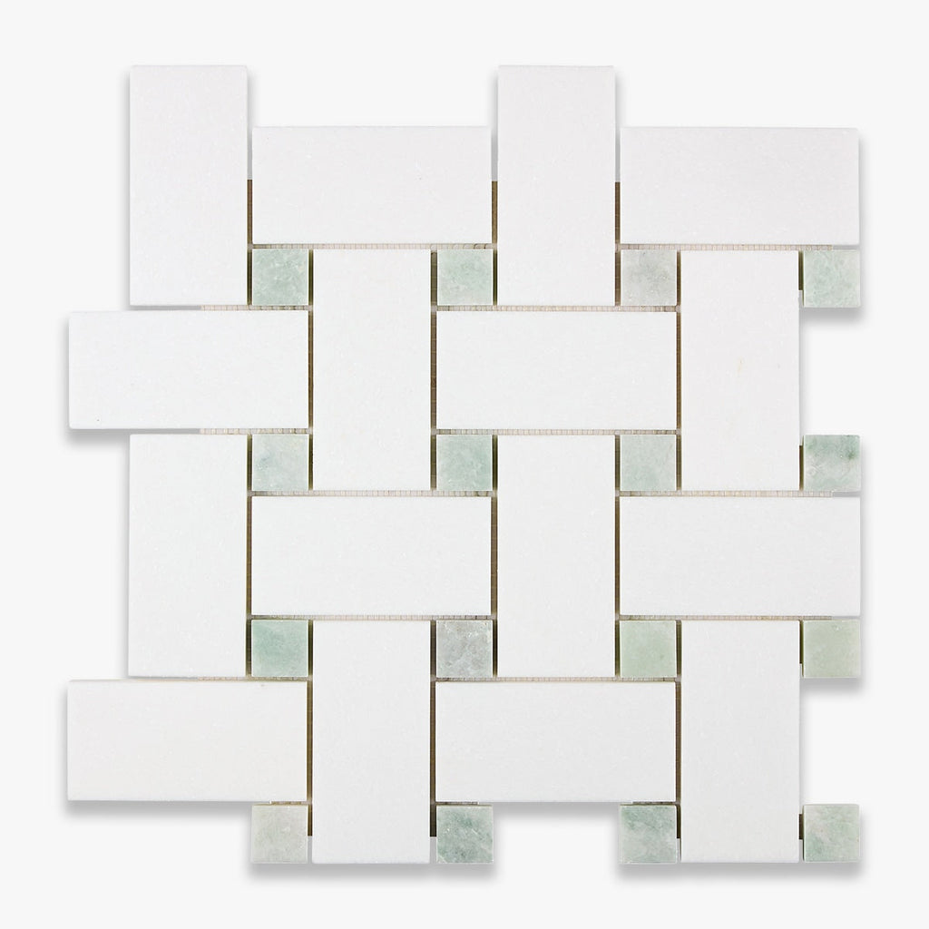 Thassos Polished 2x4 Basketweave Ming Green Dot Marble Mosaic