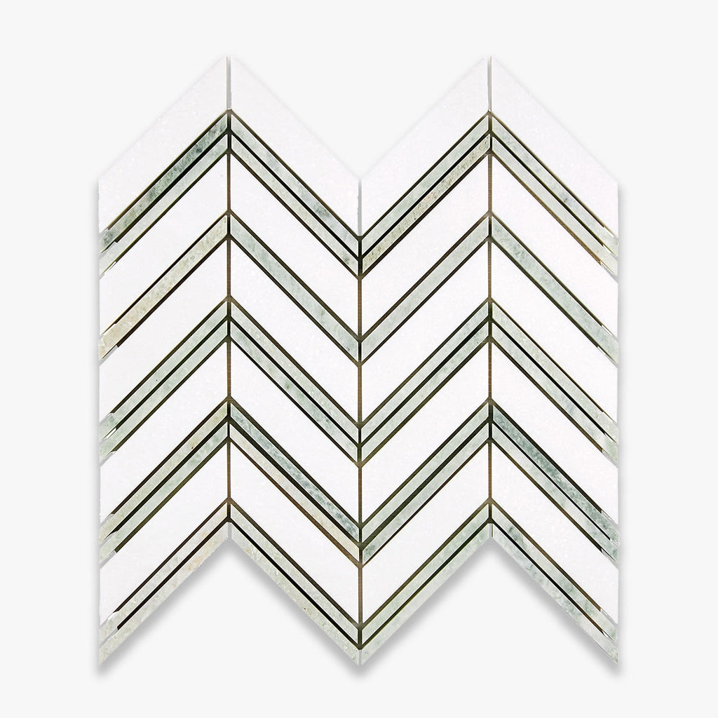 Thassos Polished Chevron with Ming Green Marble Mosaic