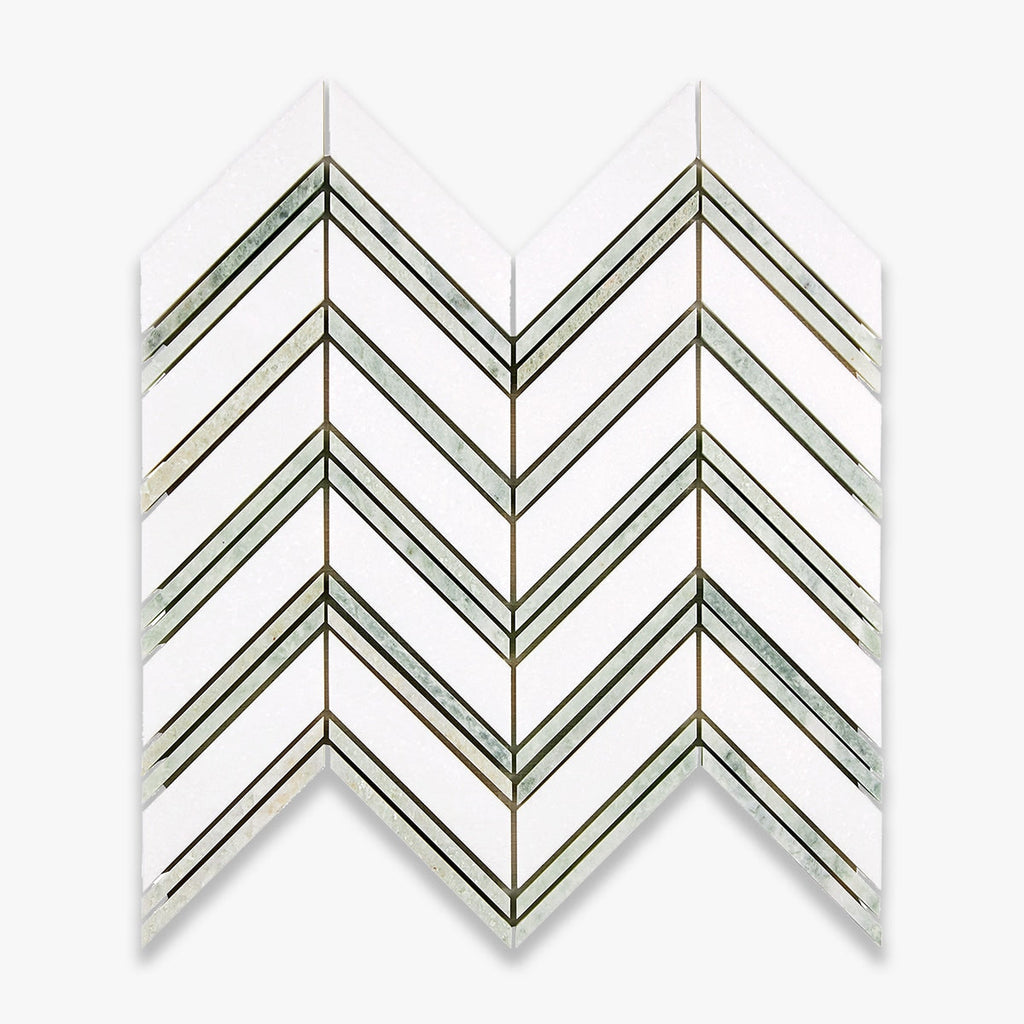 Thassos Honed Chevron with Ming Green Marble Mosaic
