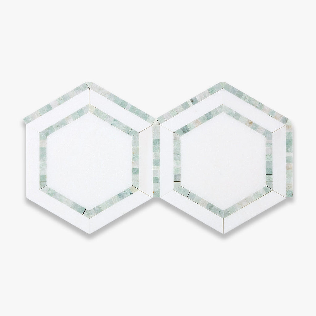 Thassos Polished 5 INCH Hexagon Combo with Ming Green Marble Mosaic