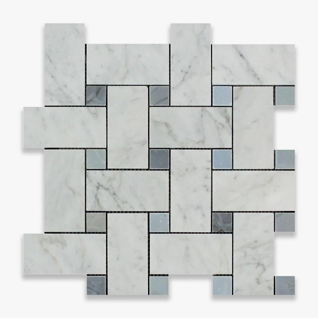 Carrara White Polished 2x4 Basketweave Bardiglio Dot Marble Mosaic